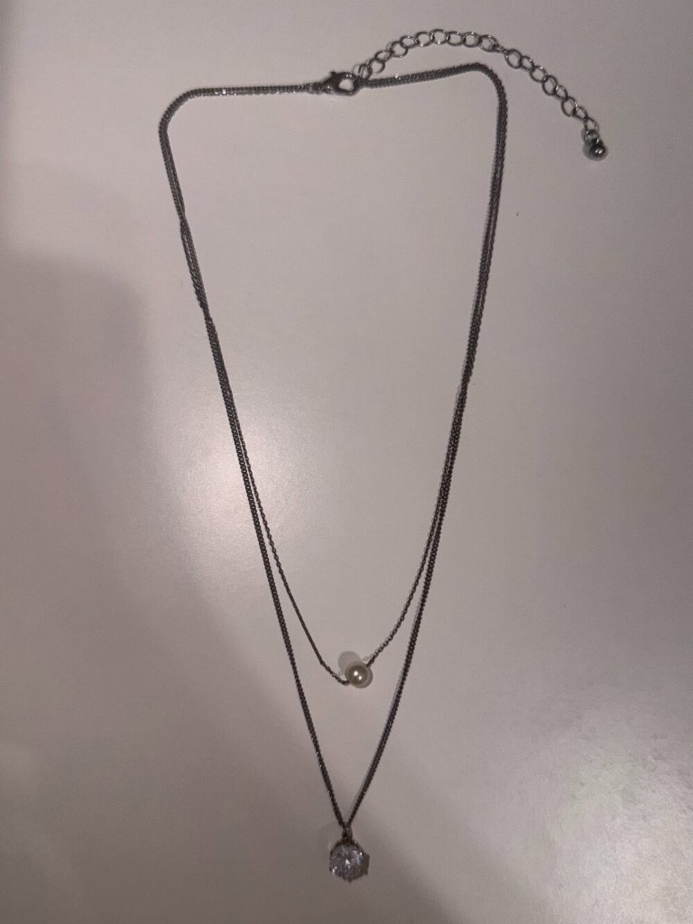 Forever 21 Silver Tone Double Layer Pearl Rhinestone Necklace